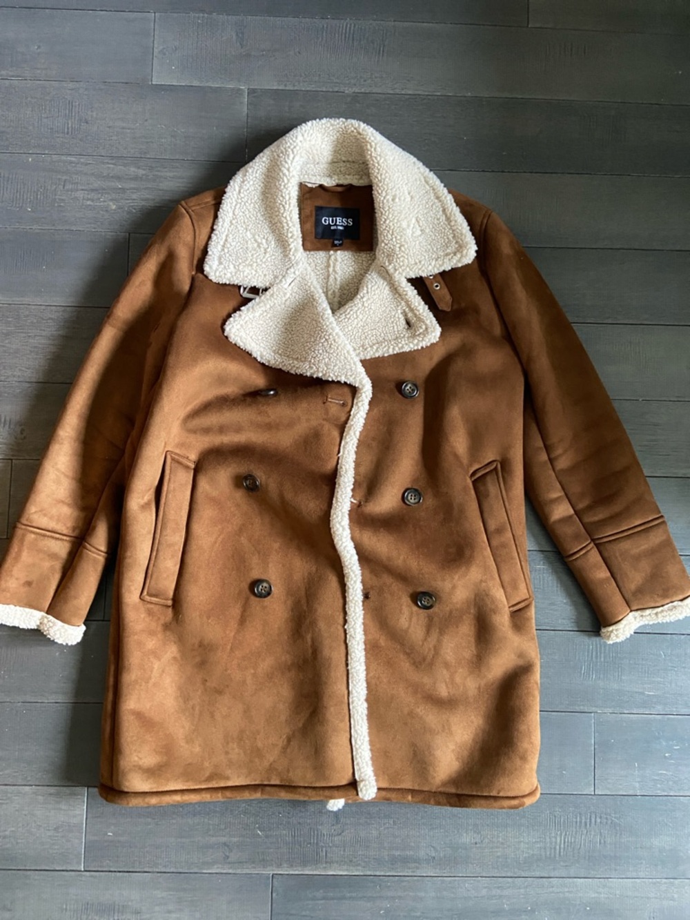 Guess Tan/Brown Sherpa-Lined Double-Breasted Peacoat